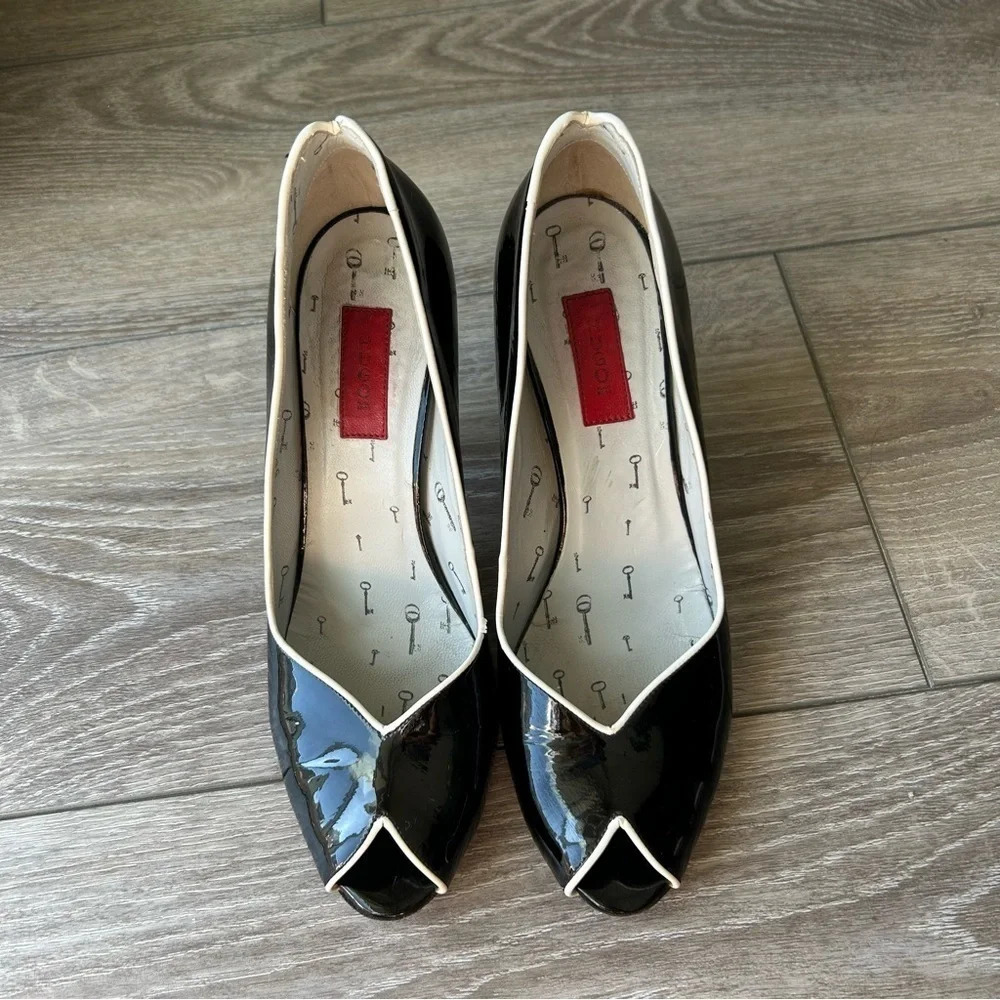 Hugo Boss Peep Toe Patent Leather Black and White Trim Pumps